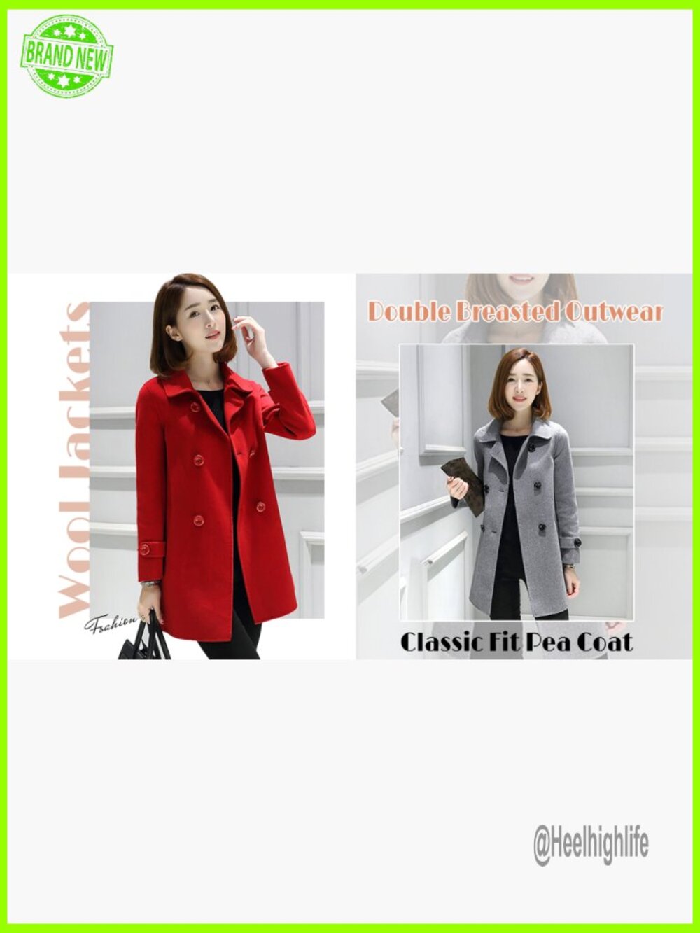 Double Breasted Wool Pea Coat Classic Fit Mid Length Outerwear - Picture 6 of 6